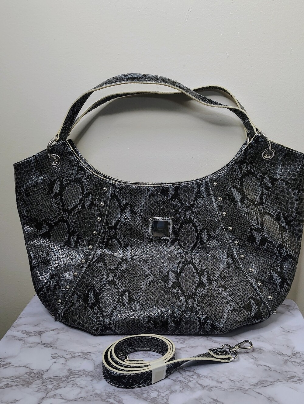 Gray Snakeskin Print Hobo Handbag Large Tote Purse w/ Detachable Crossbody Strap - Picture 3 of 4